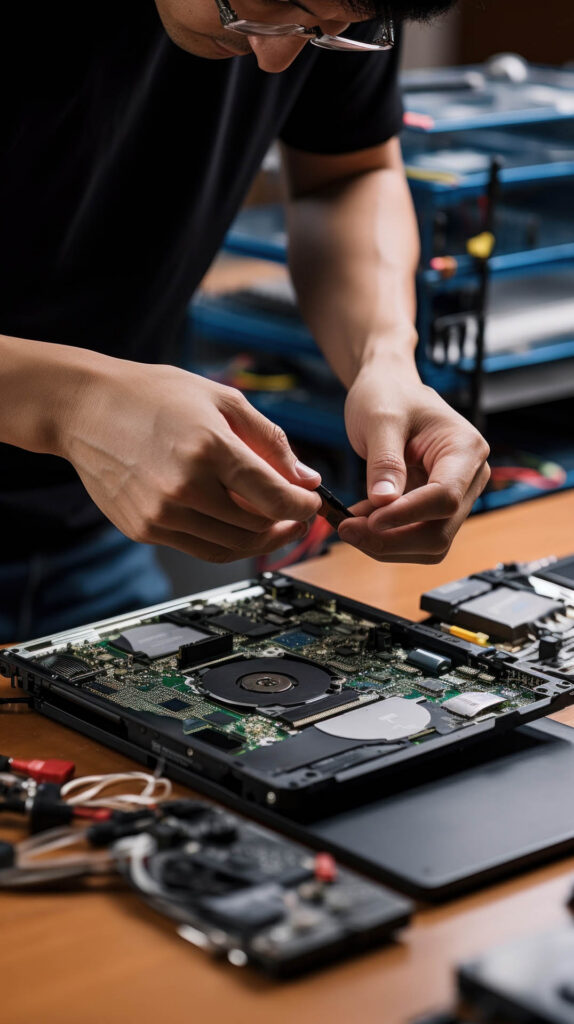 repairing a broken laptop in a workshop.